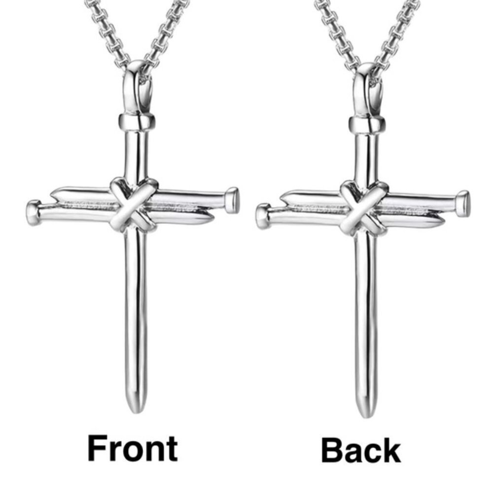 !! Sold Cross 3 Nail Necklace Religious Christian Statement Steel Silver Unisex - Picture 5 of 13